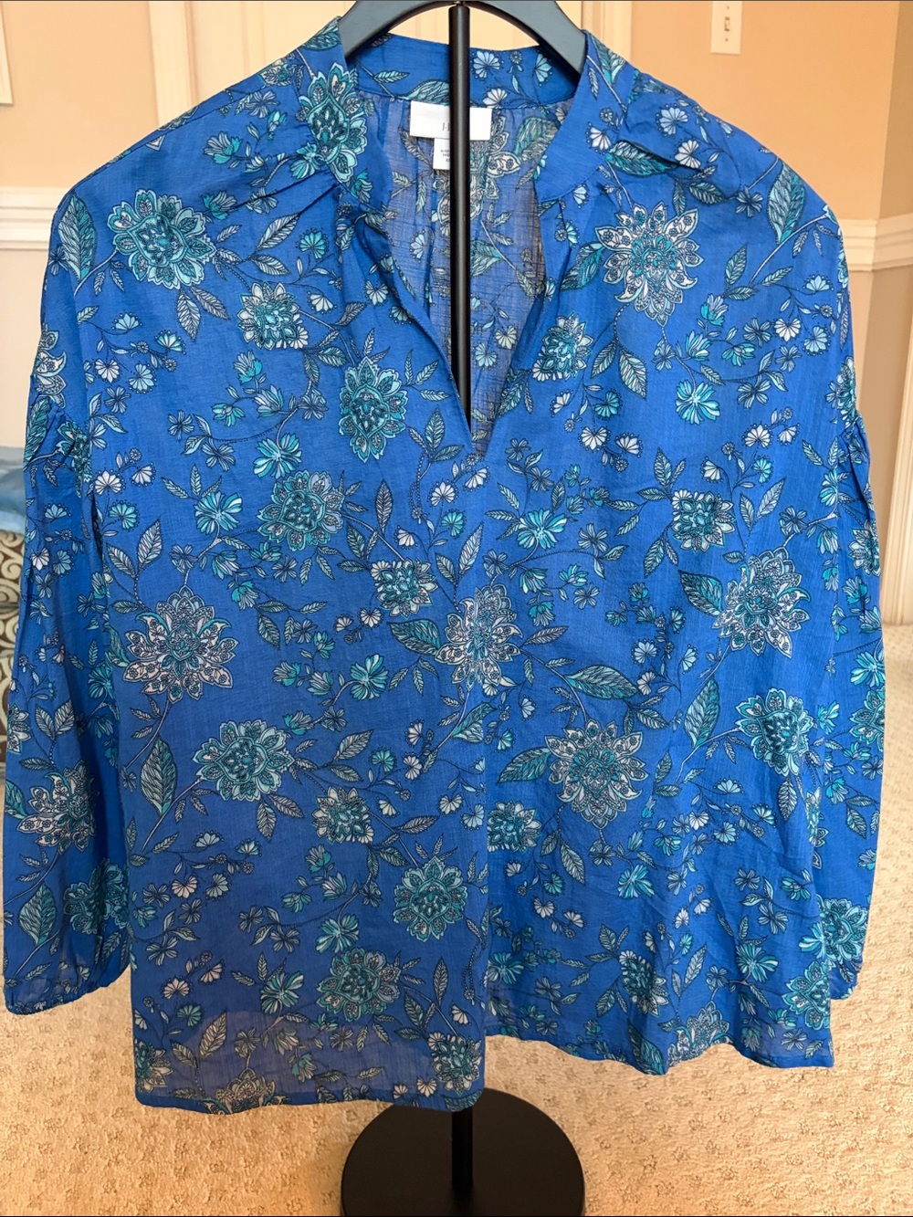 J. Jill Blue Floral Split-Neck Blouse